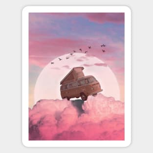 Dreamy Car Ride: Artwork of a Car Driving on Pink Clouds Sticker